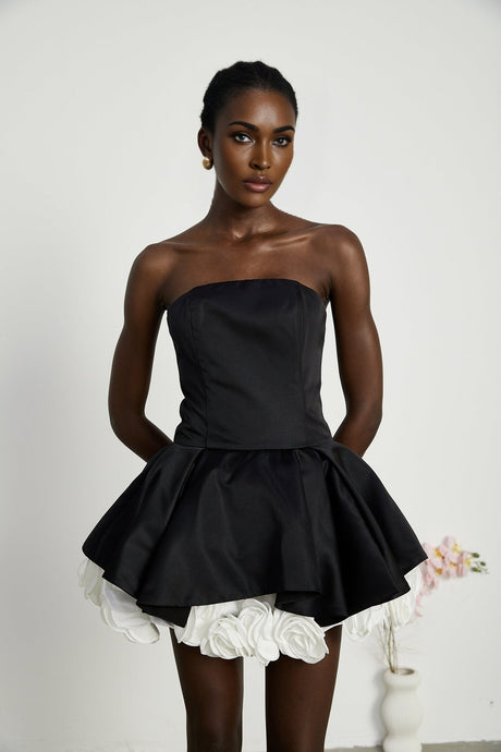 Black strapless corset mini dress with petal details named Lucie
