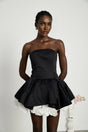 Black strapless corset mini dress with petal details named Lucie