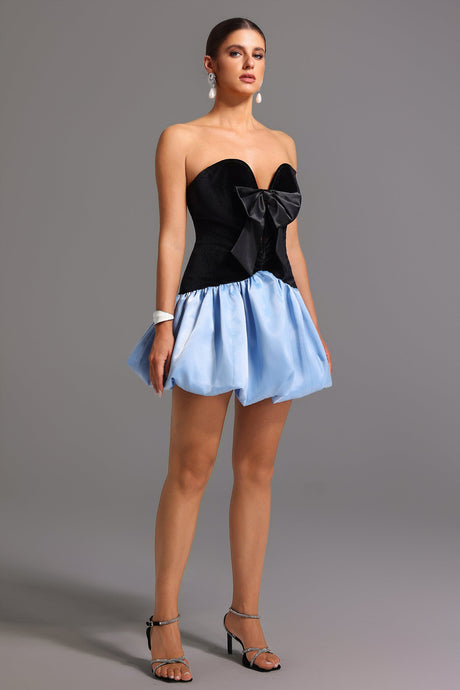 Black Strapless Deep-V Mini Dress with Bow Detailing
