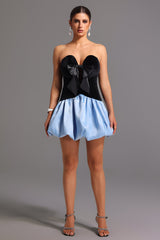 Black Strapless Deep-V Mini Dress with Velvet Bodice and Bow Detailing