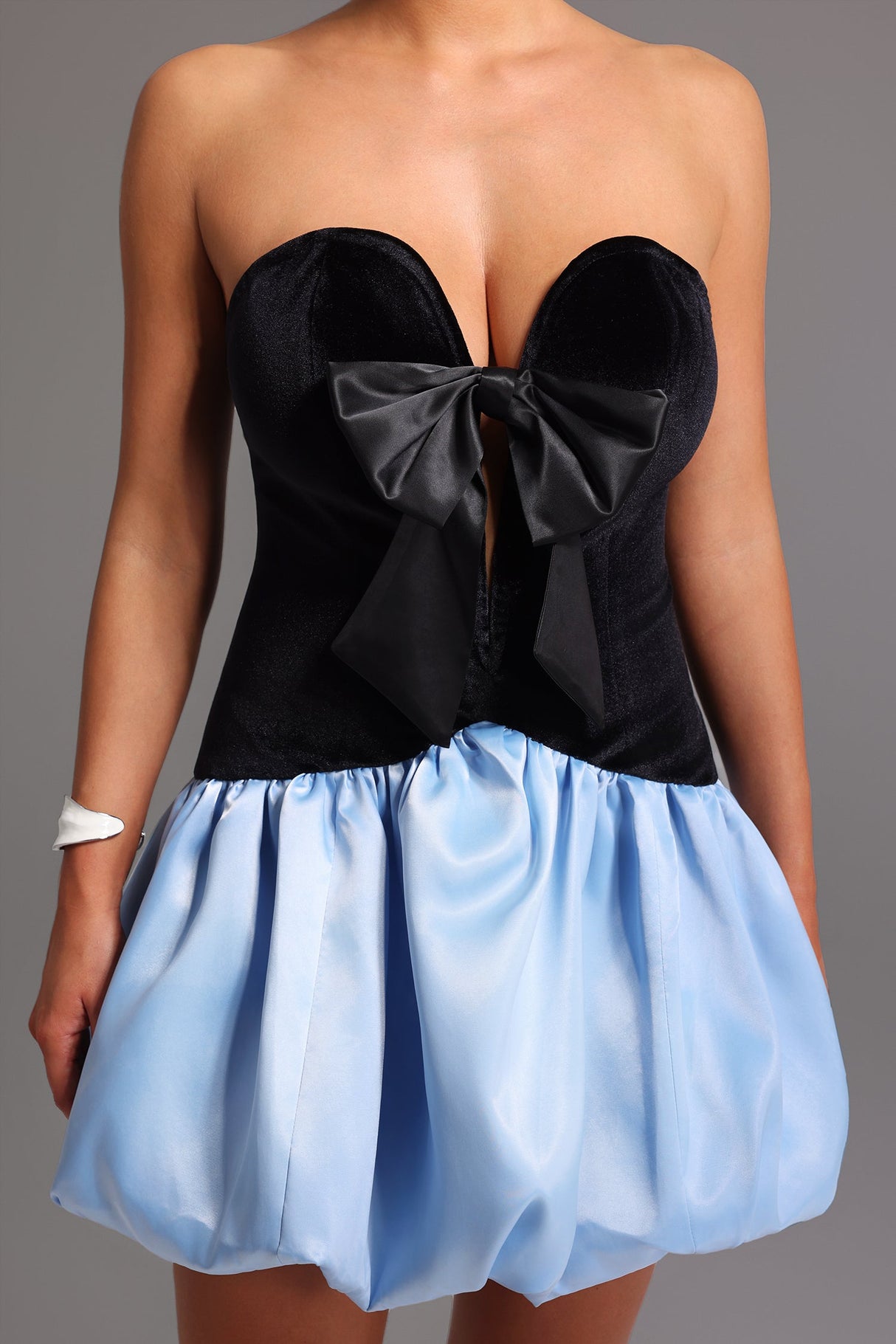 Black Strapless Deep-V Mini Dress with Velvet Bodice and Bow Detailing