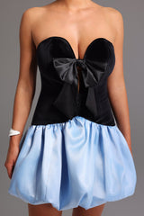 Black Strapless Deep-V Mini Dress with Velvet Bodice and Bow Detailing