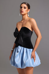 Black Strapless Deep-V Mini Dress with Velvet Bodice and Bow Detailing