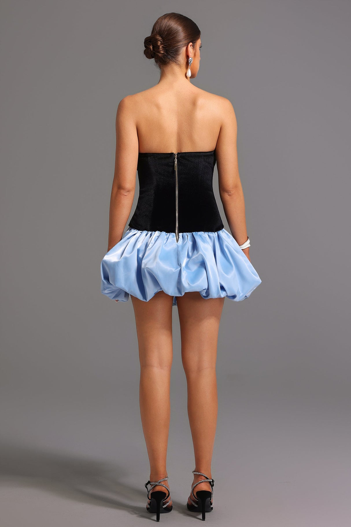 Black Strapless Deep-V Mini Dress with Velvet Bodice and Bow Detailing
