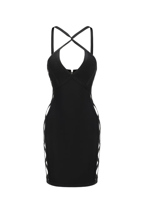 Black Veren Halter Sleeveless V-Neck Hollow Out Bandage Mini Dress