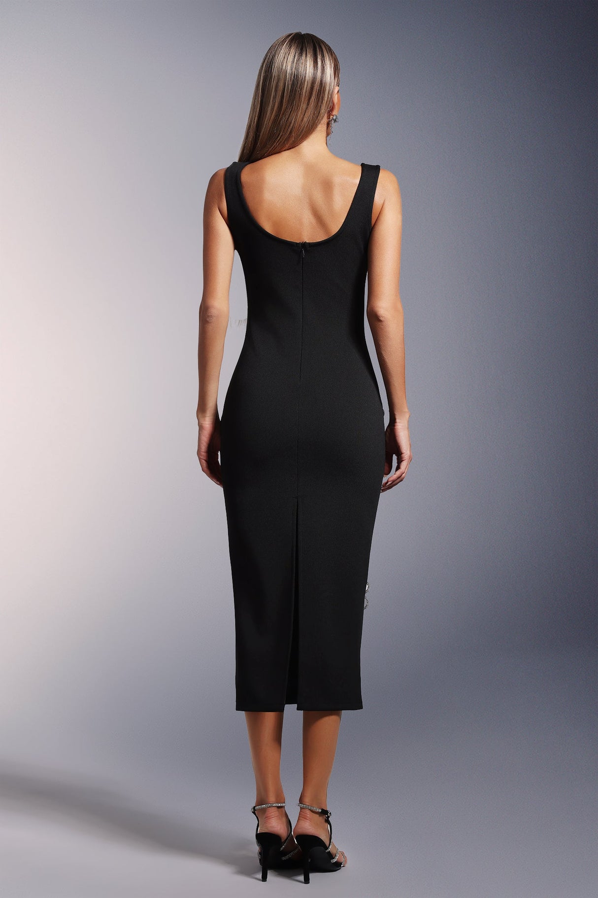 Black Viane Sleeveless Diamond Flowers Bandage Midi Dress