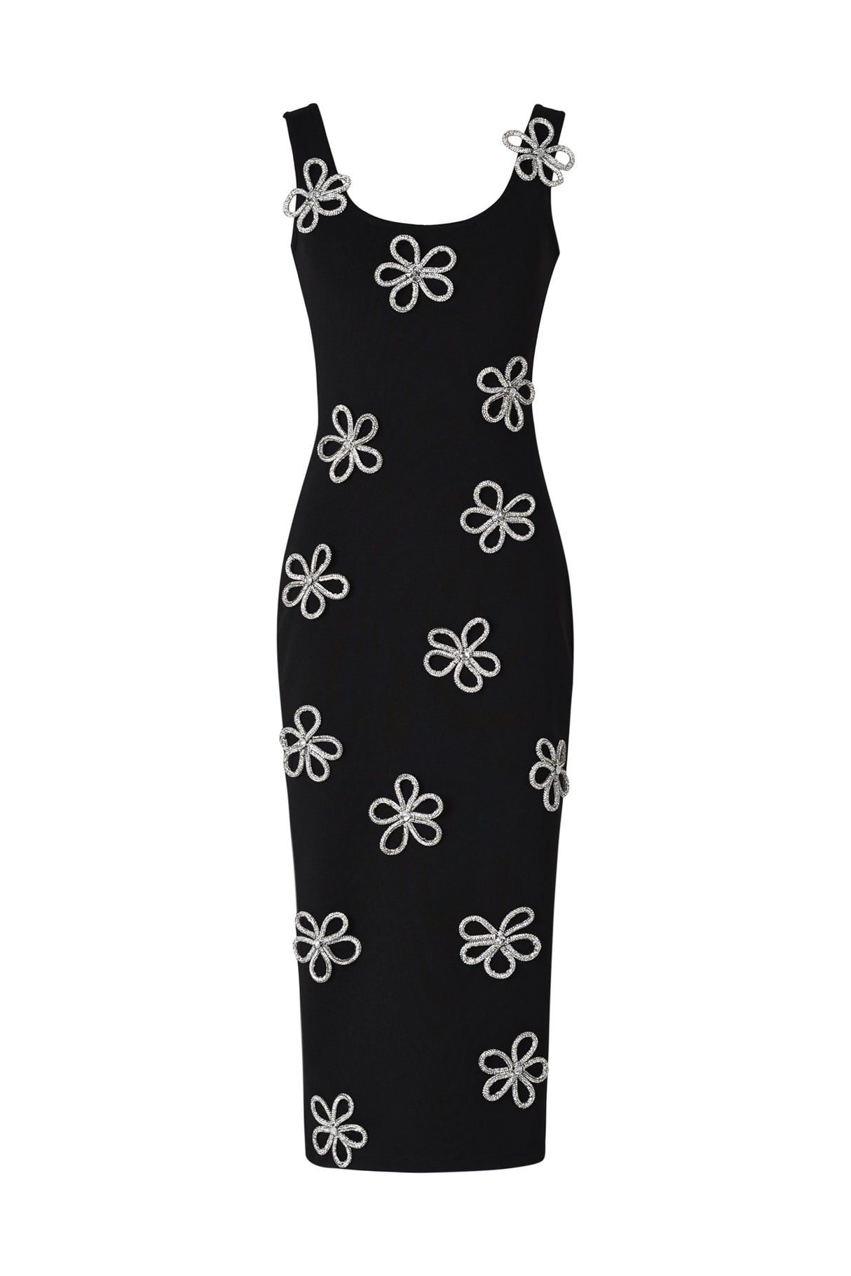 Black Viane Sleeveless Diamond Flowers Bandage Midi Dress