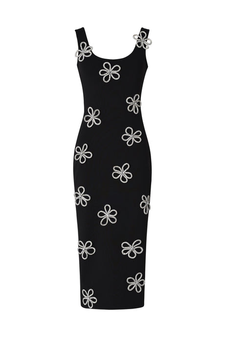 Black Viane Sleeveless Diamond Flowers Bandage Midi Dress