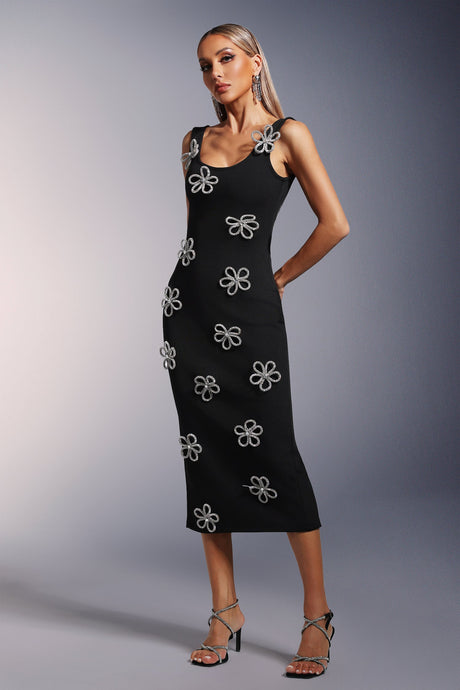Black Viane Sleeveless Diamond Flowers Bandage Midi Dress