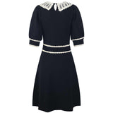 Black Vintage-Inspired Lace Collar A-Line Dress with Puffed Sleeves and Scalloped Edges