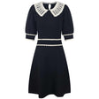 Black Vintage Lace Collar A-Line Dress with Puffed Sleeves