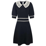 Black Vintage Lace Collar A-Line Dress with Puffed Sleeves