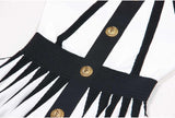 Black and white halter neck A-line dress with gold accents and rose embellishment