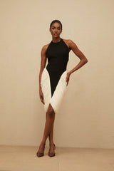 Black and White Halterneck Sleeveless Bodycon Dress with Ruched Detailing