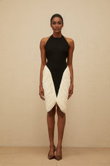 Black and White Halterneck Sleeveless Bodycon Dress with Ruched Detailing