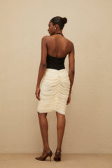 Black and White Halterneck Sleeveless Bodycon Dress with Ruched Detailing