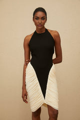 Black and White Halterneck Sleeveless Bodycon Dress with Ruched Detailing