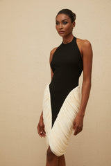 Black and White Halterneck Sleeveless Bodycon Dress with Ruched Detailing and Open Back