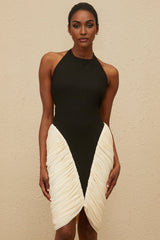 Black and White Halterneck Sleeveless Bodycon Dress with Ruched Detailing