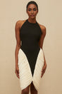 Black and White Halterneck Sleeveless Bodycon Dress with Ruched Detailing