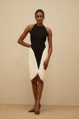 Black and White Halterneck Sleeveless Bodycon Dress with Ruched Detailing and Open Back