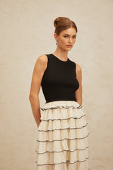 Black and White Sleeveless Round Neck Ribbed Knit Midi Dress with Tulle Panelling and Ruffled Detailing