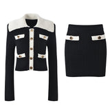 Sophia black ribbed knitted jacket with white accents and gold buttons paired with a matching bodycon skirt