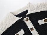 Sophia black ribbed knitted jacket with white accents and gold buttons paired with a matching bodycon skirt