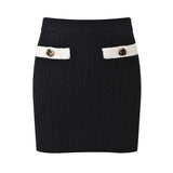 Sophia black ribbed knitted jacket with white accents and gold buttons paired with a matching bodycon skirt