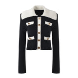 Sophia black ribbed knitted jacket with white accents and gold buttons paired with a matching bodycon skirt