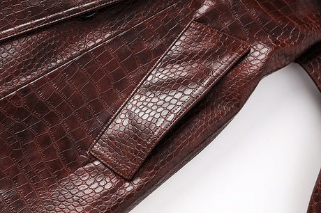 Blair Classic Long Trench Coat - Croc - Embossed Faux Leather with Double - Breasted Buttons