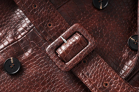 Blair Classic Long Trench Coat - Croc - Embossed Faux Leather with Double - Breasted Buttons
