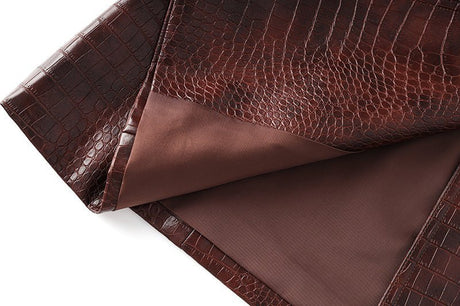 Blair Classic Long Trench Coat - Croc - Embossed Faux Leather with Double - Breasted Buttons