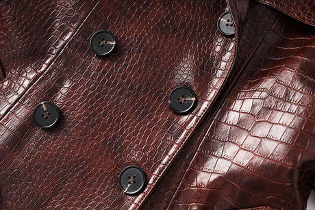Blair Classic Long Trench Coat - Croc - Embossed Faux Leather with Double - Breasted Buttons