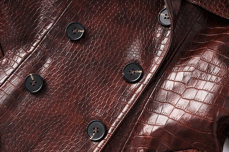 Blair Classic Long Trench Coat - Croc - Embossed Faux Leather with Double - Breasted Buttons