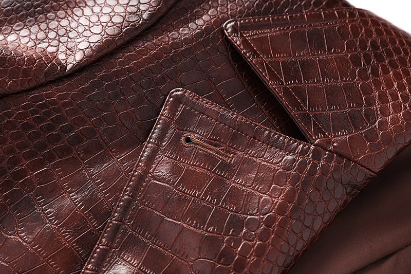 Blair Classic Long Trench Coat - Croc - Embossed Faux Leather with Double - Breasted Buttons