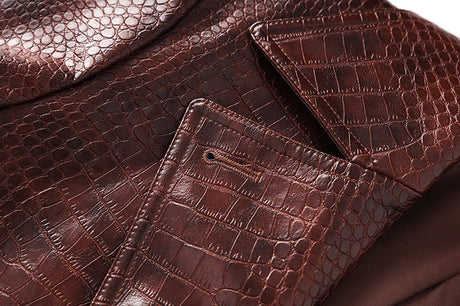 Blair Classic Long Trench Coat - Croc - Embossed Faux Leather with Double - Breasted Buttons