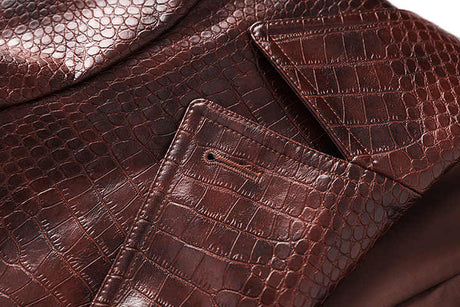 Blair Classic Long Trench Coat - Croc - Embossed Faux Leather with Double - Breasted Buttons