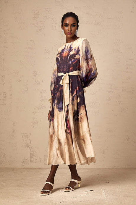 Blair Midi Dress – Smudged Graffiti Print – Pleated Detailing – Self - Tie Design