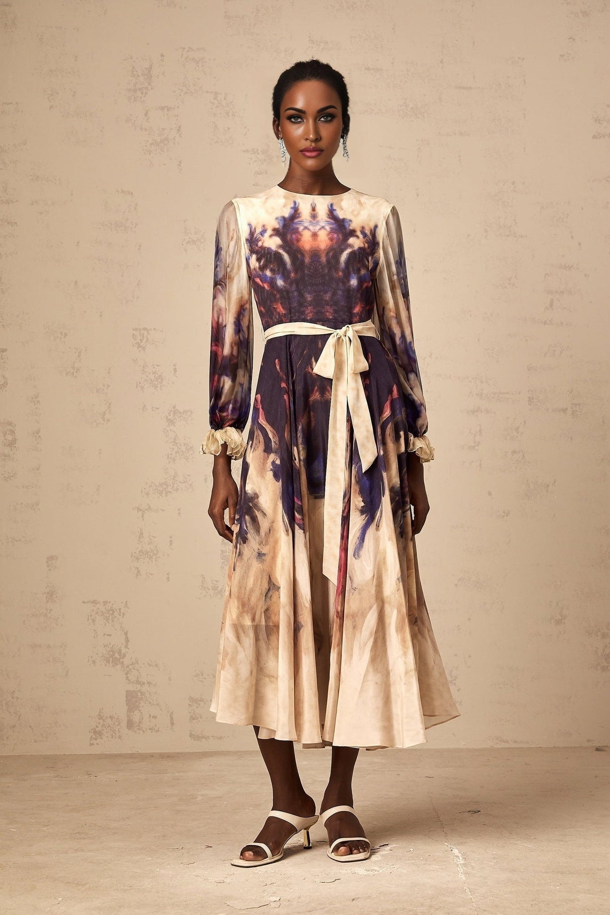 Blair Midi Dress – Smudged Graffiti Print – Pleated Detailing – Self - Tie Design