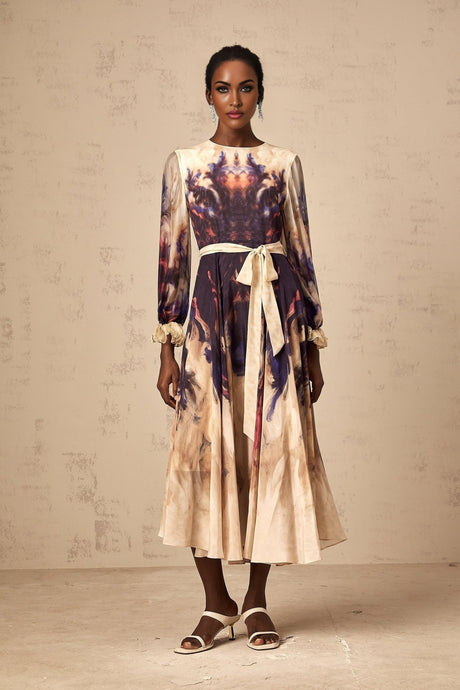 Blair Midi Dress – Smudged Graffiti Print – Pleated Detailing – Self - Tie Design