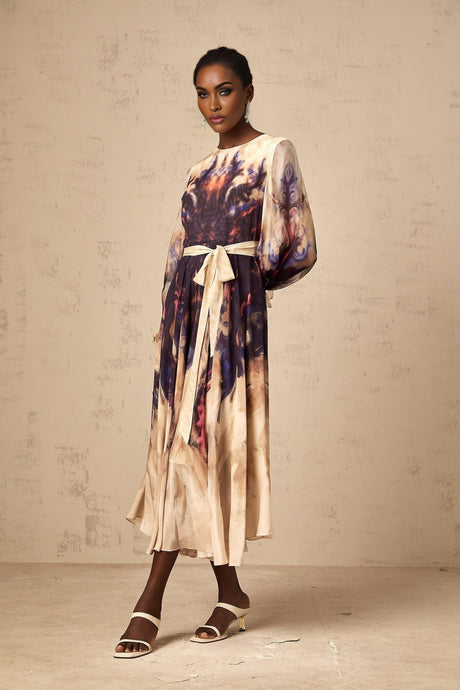 Blair Midi Dress – Smudged Graffiti Print – Pleated Detailing – Self - Tie Design
