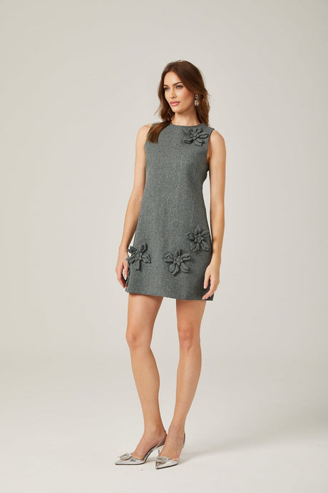 Blair Mini Dress - Sleeveless - Round Neck - Faux - Flower Design - Thigh Length