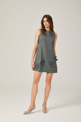 Blair Mini Dress - Sleeveless - Round Neck - Faux - Flower Design - Thigh Length