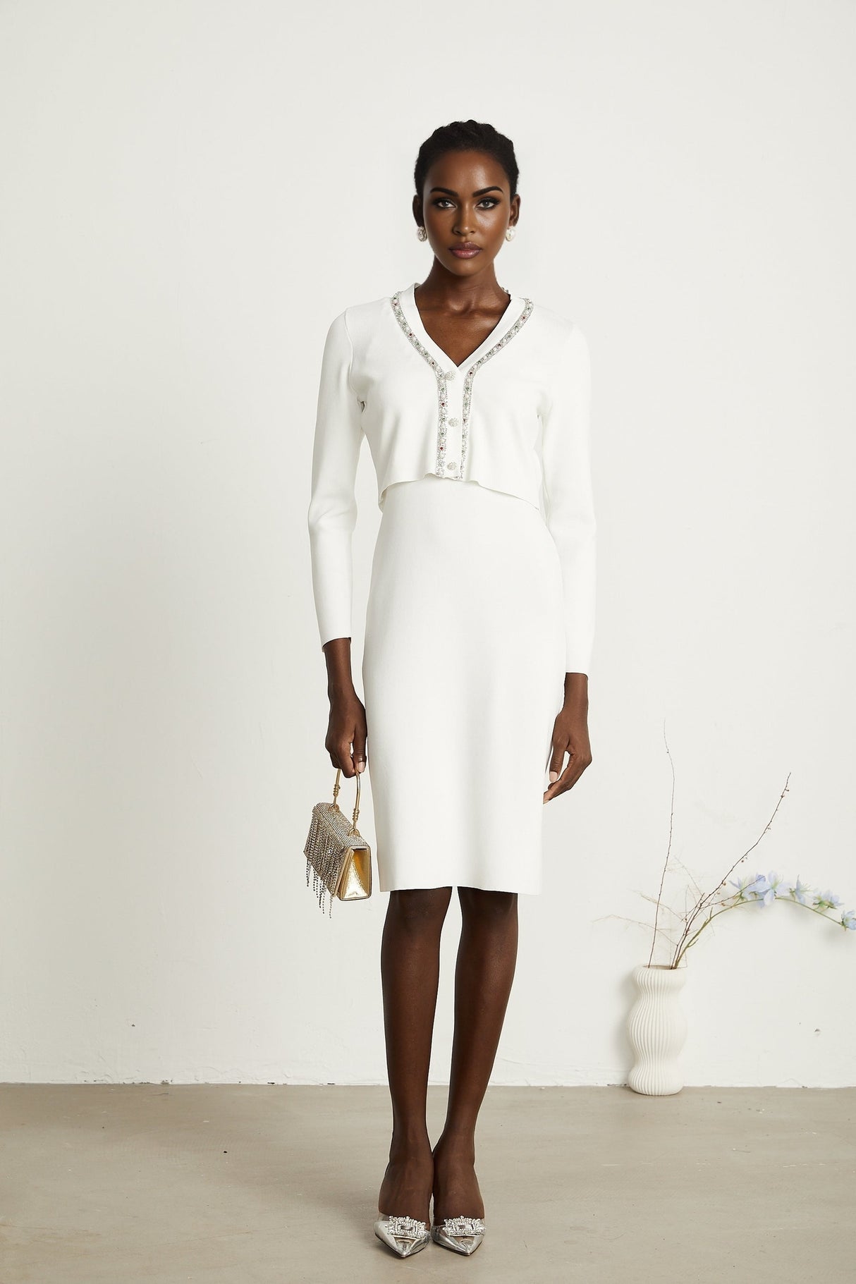 Blanche white beadembellished cardigan  dress matching set