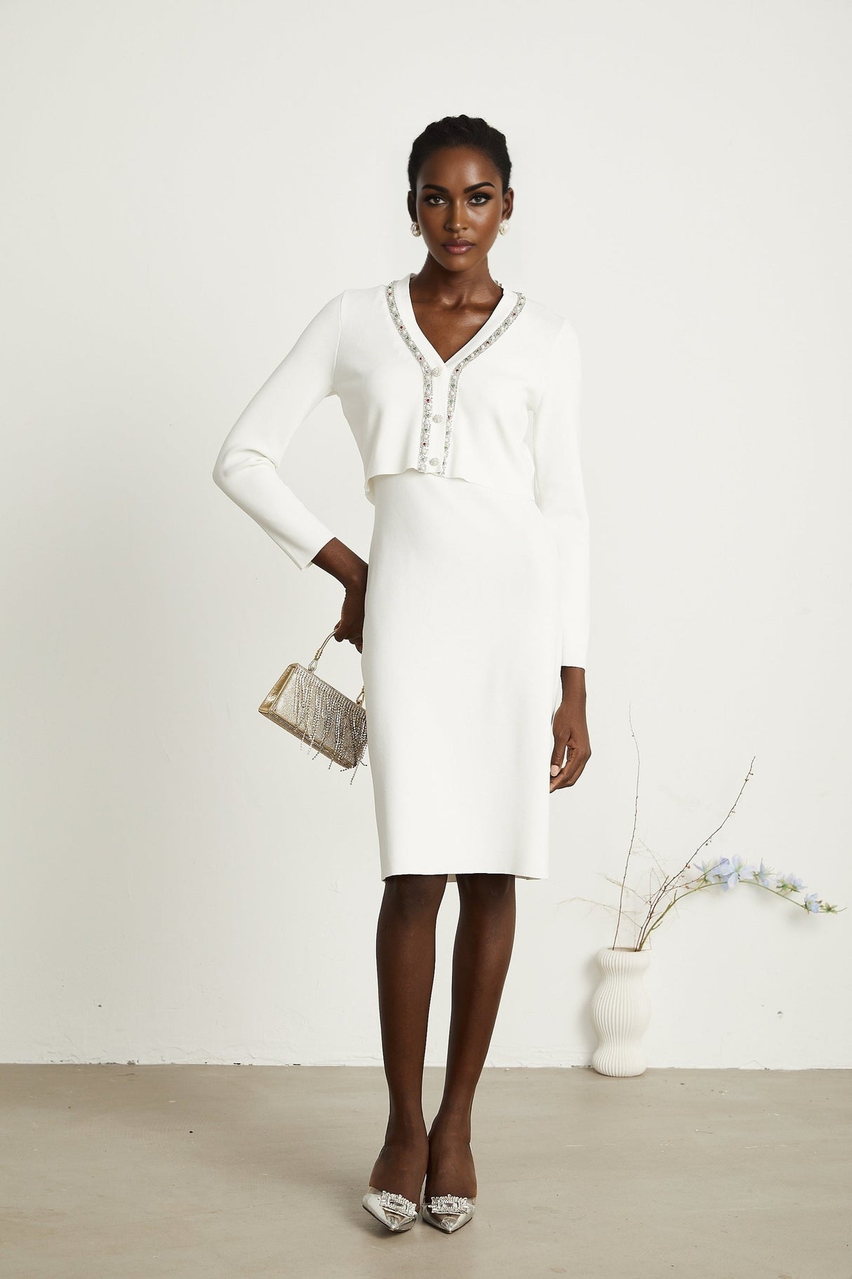 Blanche white beadembellished cardigan  dress matching set