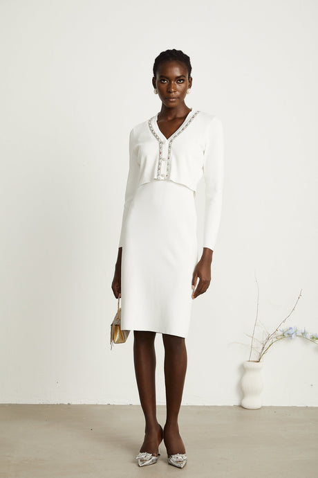Blanche white beadembellished cardigan  dress matching set