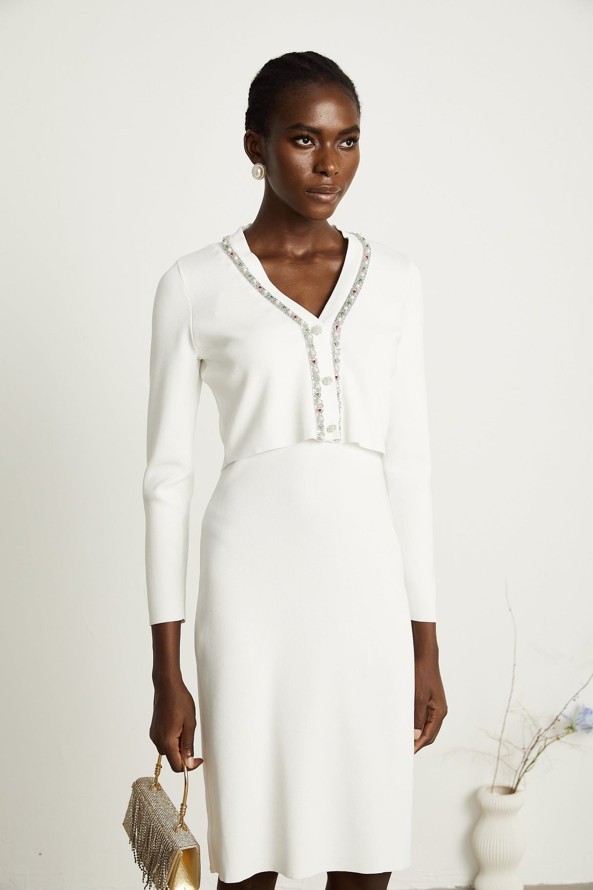 Blanche white beadembellished cardigan  dress matching set
