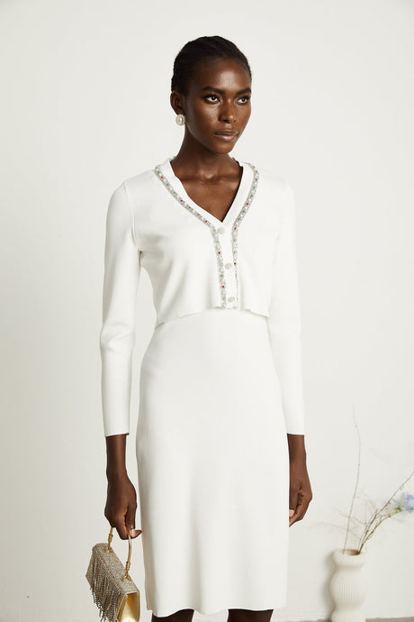 Blanche white beadembellished cardigan  dress matching set