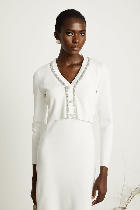Blanche white beadembellished cardigan  dress matching set